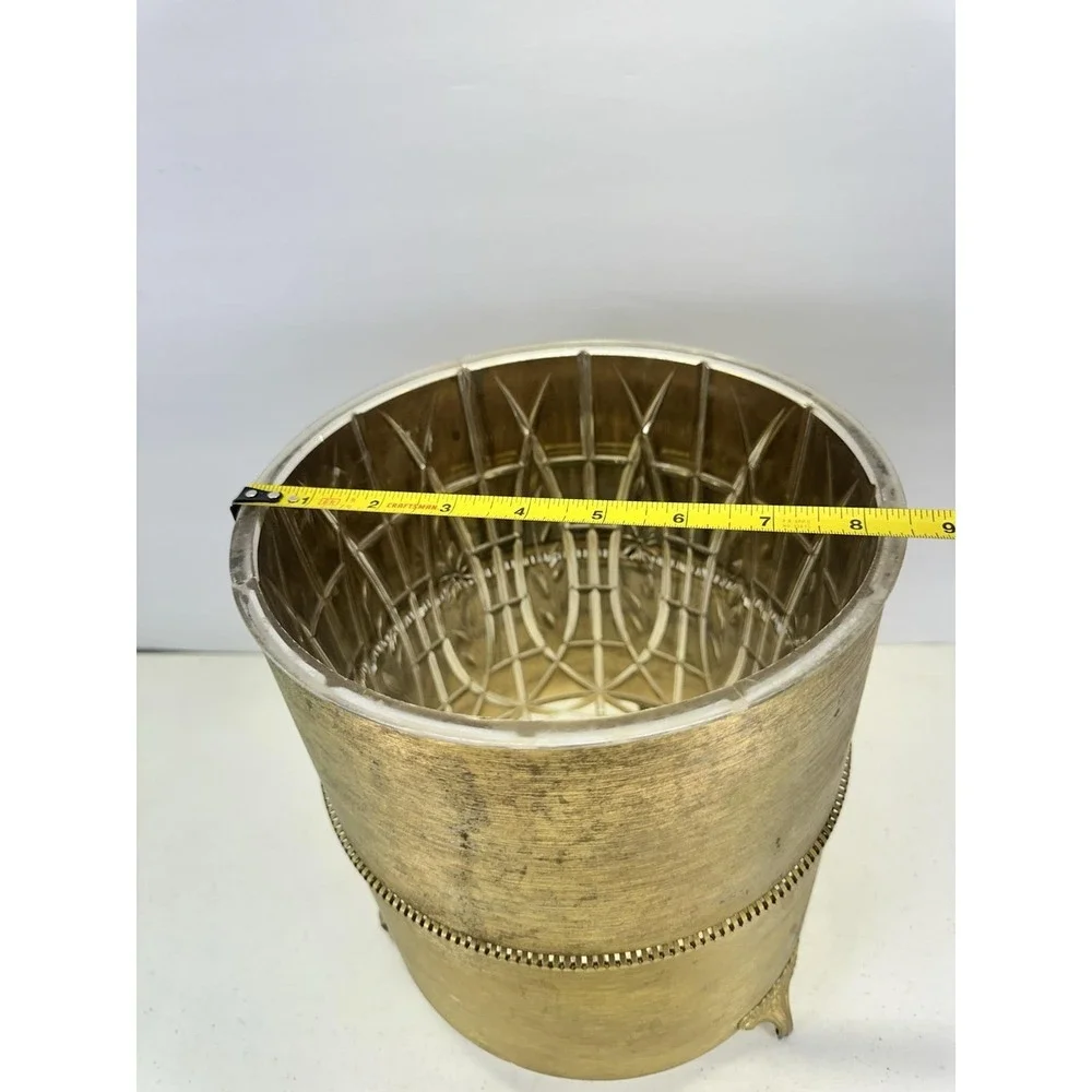Vintage Hollywood Regency Gold Tone Metal Wastebasket W/ Acrylic Liner Footed